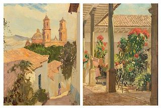 * Hermann Dudley Murphey, (American, 1867 - 1945), Patio Scene and View of Taxco (a pair of works)