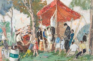 Gifford Beal, (American, 1879-1956), Setting up the Tents