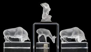 (4) LALIQUE FROSTED ART CRYSTAL PAPERWEIGHTS, BULL, FEMALE NUDE & DEER