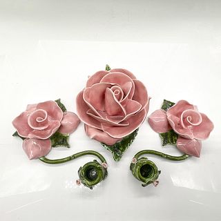 3pc Ceramic Rose Centerpiece and Candleholders