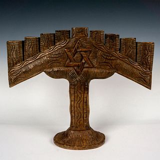 Vintage Israeli Hand Carved Wooden Menorah