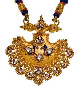 22k Yellow Gold, Enamel and White Sapphire Pendant on Cord Necklace