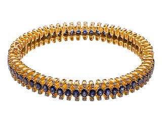 20k Yellow Gold, Sapphire and Diamond Hinged Bangle Bracelet