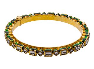 18k Yellow Gold, Green Enamel and White Sapphire Hinged Bangle Bracelet