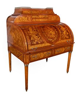 European Baroque Style Inlaid Mahogany Cylinder Desk