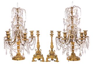 Louis XVI Style Ormolu Five-Light Candelabra and Candlesticks