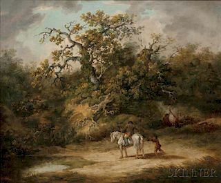 Attributed to Thomas Hand (British, 1771-1804)      Wooded Landscape with Horseman Giving Alms