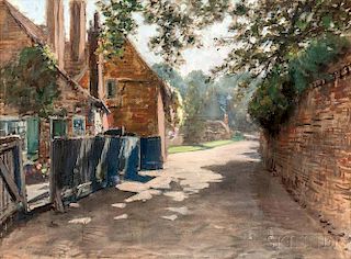 Francis Hopkinson Smith (American, 1838-1915)      Cottages and Sun-dappled Path