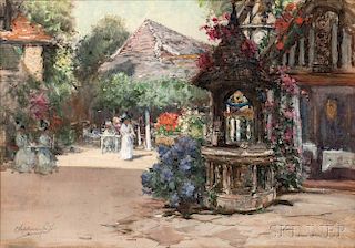 Francis Hopkinson Smith (American, 1838-1915)      Plaza with Fountain and Café