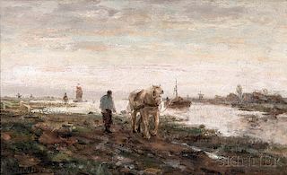 Evert Pieters (Dutch, 1856-1932)      Horse and Driver by a Waterway