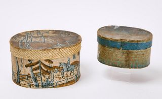 Two Miniature Wallpaper Covered Oval Boxes