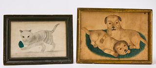 Two 19th Century Watercolors of  a Cat and Dogs