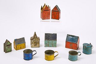 Collection of Painted/Stenciled Tin Banks and Cups
