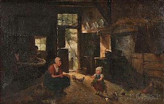 Jan Derk Huibers (Dutch, 1829-1919)      Mother and Child with Flowers in a Barn Interior