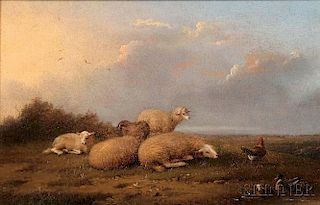 Franz Van Severdonck (Belgian, 1808-1889)      Resting Sheep with Fowl