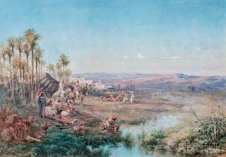 Paul B. Pascal (French, 1832-1903)      Orientalist Landscape with Figures near an Oasis
