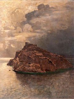 Eugen Felix Prosper Bracht (German/Swiss, 1842-1921)      Coast with Mountaintop Ruins Under a Stormy Sky