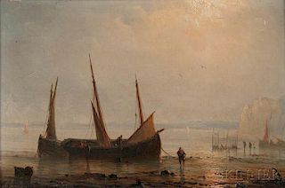 Herminie Henriette Gudin (French, 1825-c. 1876)      Fishing Vessels on a Sunlit Shore