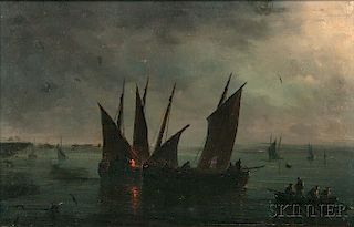 Herminie Henriette Gudin (French, 1825-c. 1876)      Fishing Vessels in Moonlight