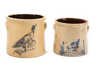 Two Stoneware Crocks with Birds