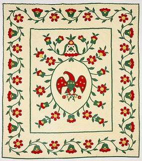 Large White Quilt with Red Flowers and Eagle