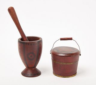 Decorated Mortar & Pestle and Small Lidded Bucket