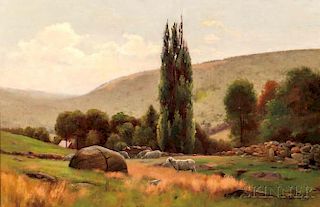 Jonas Joseph LaValley (American, 1858-1930)      Sheep in a Hillside Pasture