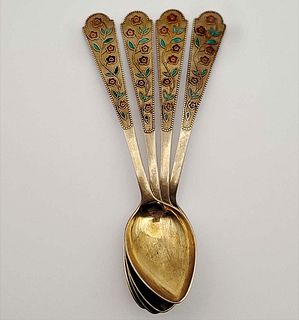Set Of 4 Russian Silver Gilded 875 Colored Enamel Spoons (91 grams)