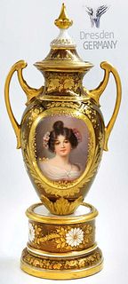 19th C. Dresden Porcelain Lidded Vase / Centerpiece, Signed