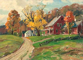 Aldro Thompson Hibbard (American, 1886-1972)      Autumn Landscape with Red Farmhouse