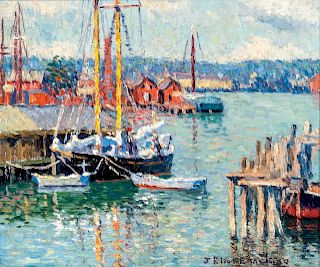 Joseph Eliot Enneking (American, 1881-1942)      Schooner at Dock