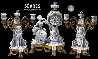 Signed 18th C. Sevres Neoclassical Bisque Porcelain Clock Set