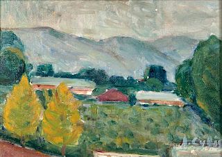 Jan Cybis (Polish, 1897-1972)      Rooftops Between Meadow and Mountains