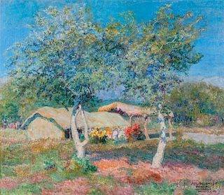 Enrique Larrañaga (Argentine, 1900-1956)      Pastoral Landscape with Thatched Structure, Flowers, and Trees