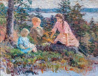 Isabelle H. Ferry (American, 1865-1937)      Three Children on a Woodland Shore