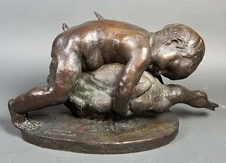 19th C. Bronze, 'Kid Hugging A Goose' Signed By Fonderia