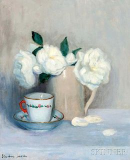 French School, 20th Century      Still Life with White Roses and a Teacup