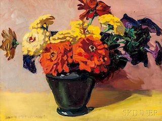 Jane Peterson (American, 1876-1965)      Zinnias and Petunias in a Vase