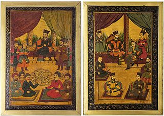 Pair Of 19th C. Hand Painted Persian Qajar Lacquere Oil On Board Painting