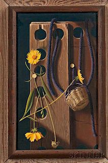 Lodewijk Karel Bruckman (Dutch/American, 1913-1980)      Still Life with Wood Block, Flowers, and Purple Yarn