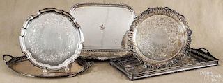 Six silver plated trays, to include a rectangular galleried example