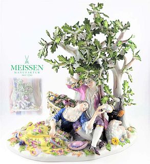 19Th C. Meissen Figural Porcelain Couple Laying Under The Tree