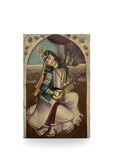 Large 19th C. Persian Qajar Oil On Canvas Painting Of A Woman Playing Tar Instrumental