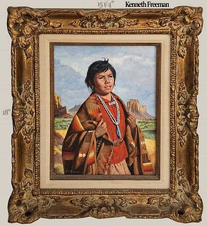 Portrait Of Native American, Navajo Oil On Board Painting Signed By Ken Freeman