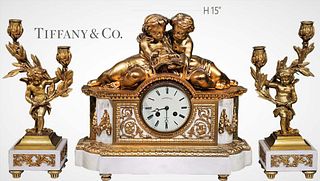19th C. French Figural Bronze Mounted And Marble Clock Set