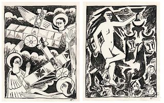 Natalia Sergeevna Goncharova (Russian, 1881-1962)      Two Studies for The Mystical Images of War :  Angels and Aeroplanes