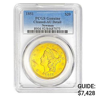 1851 $20 Gold Double Eagle PCGS AU Detail Newman C