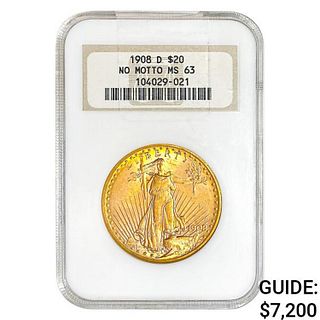 1908-D $20 Gold Double Eagle NGC MS63 No Motto