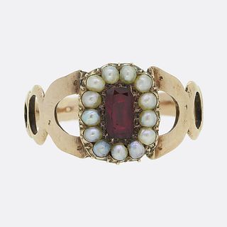 Georgian Ruby and Pearl Cluster Ring