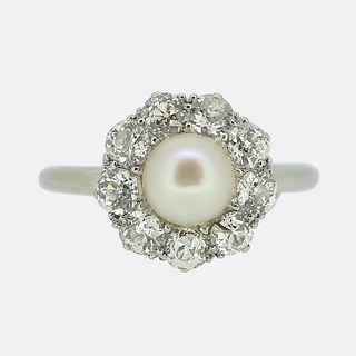 Art Deco Natural Pearl and Old Cut Diamond Cluster Ring